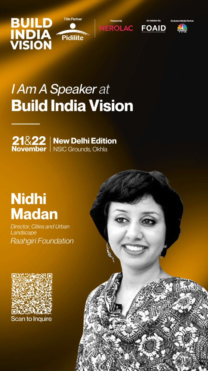 Raahgiri_Fdn's tweet image. Delighted to share that our Director, Cities and Urban Landscape Nidhi Madan (@nid_mad) will be speaking at the Build India Vision, an initiative by @FOAIDindia, on 21st November at NSIC Grounds, #Okhla.

She will be speaking in the session: “Antodaya to Sarvodaya: Shaping