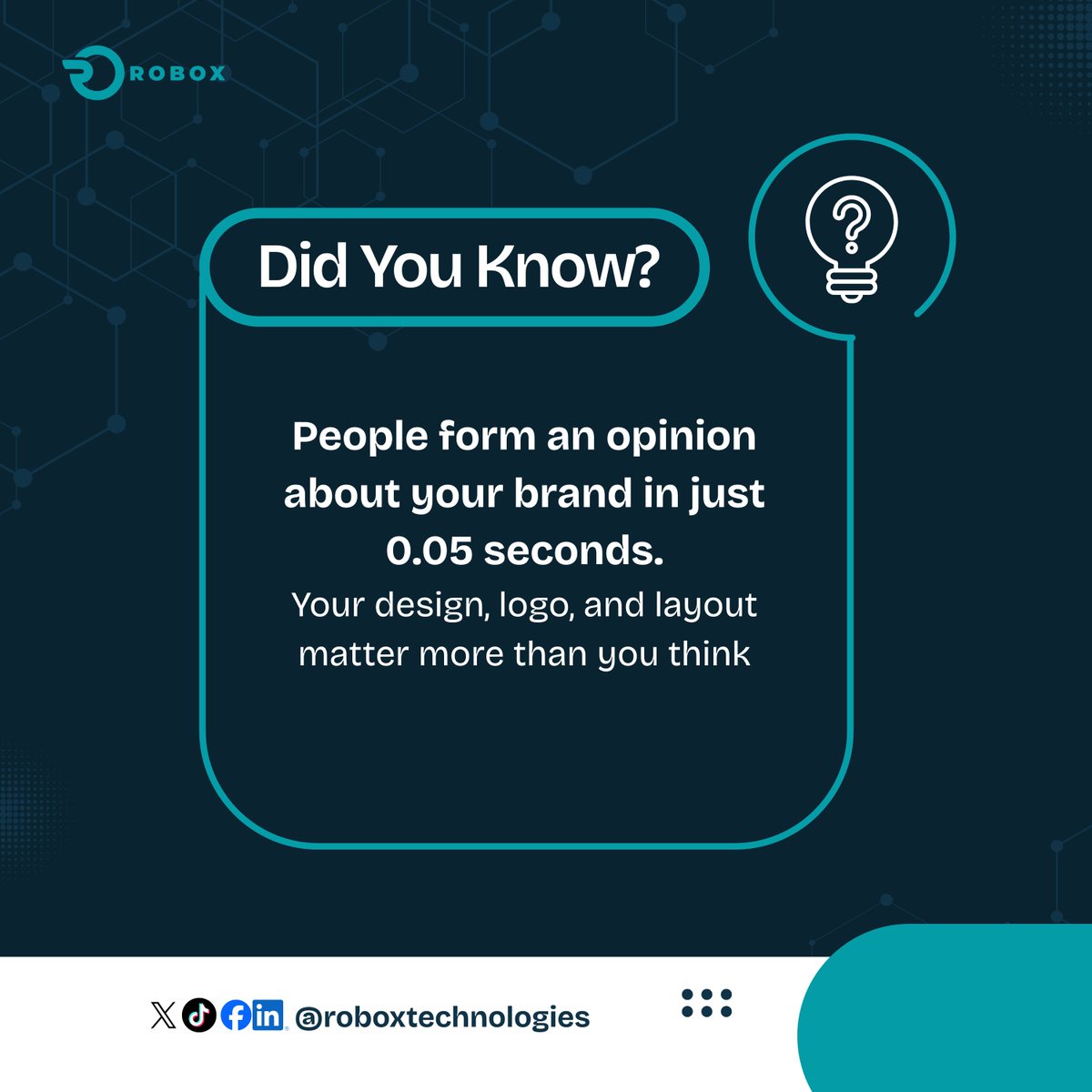 Robox_Tech's tweet image. Before you even say “Welcome!”, your audience has already decided if they trust your brand.
Just 0.05 seconds o!
Branding no be child’s play.
Let Robox help you package your business well. 😉💙
#NaijaBusiness #Branding #RoboxTechnologies