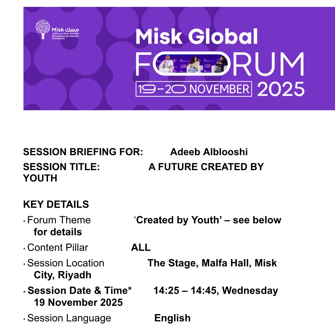 🇸🇦❤️🇦🇪 بكل فخر وصلتُ اليوم إلى الرياض للمشاركة كمتحدث في منتدى مسك العالمي 2025 ضمن جلسة “مستقبل يصنعه الشباب”.
يسعدني أن أكون جزءاً من هذا الحدث الدولي الذي يجمع المبدعين وصنّاع التغيير من حول العالم، وأن أساهم بصوت الشباب في رسم ملامح المستقبل.
#MGF25 #CreatedByYouth