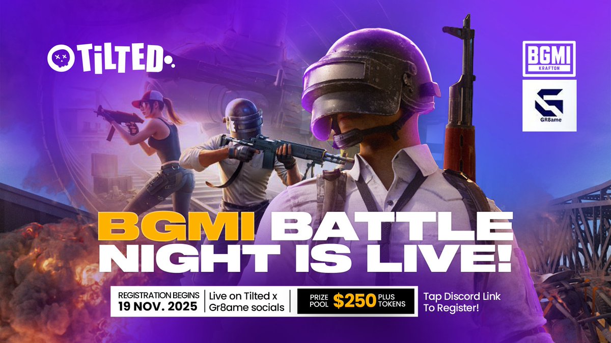 tiltedxyz's tweet image. 🎮 TILTED x GR8AME — BGMI BATTLE NIGHT IS LIVE! 🔥

Calling all BGMI squads — this is your shot to jump into one of the biggest community battle nights of the month. Bring your team, lock in your slots, and fight for glory (and prizes 👀).

Event Highlights:

• 🟢 60+ Open Team…
