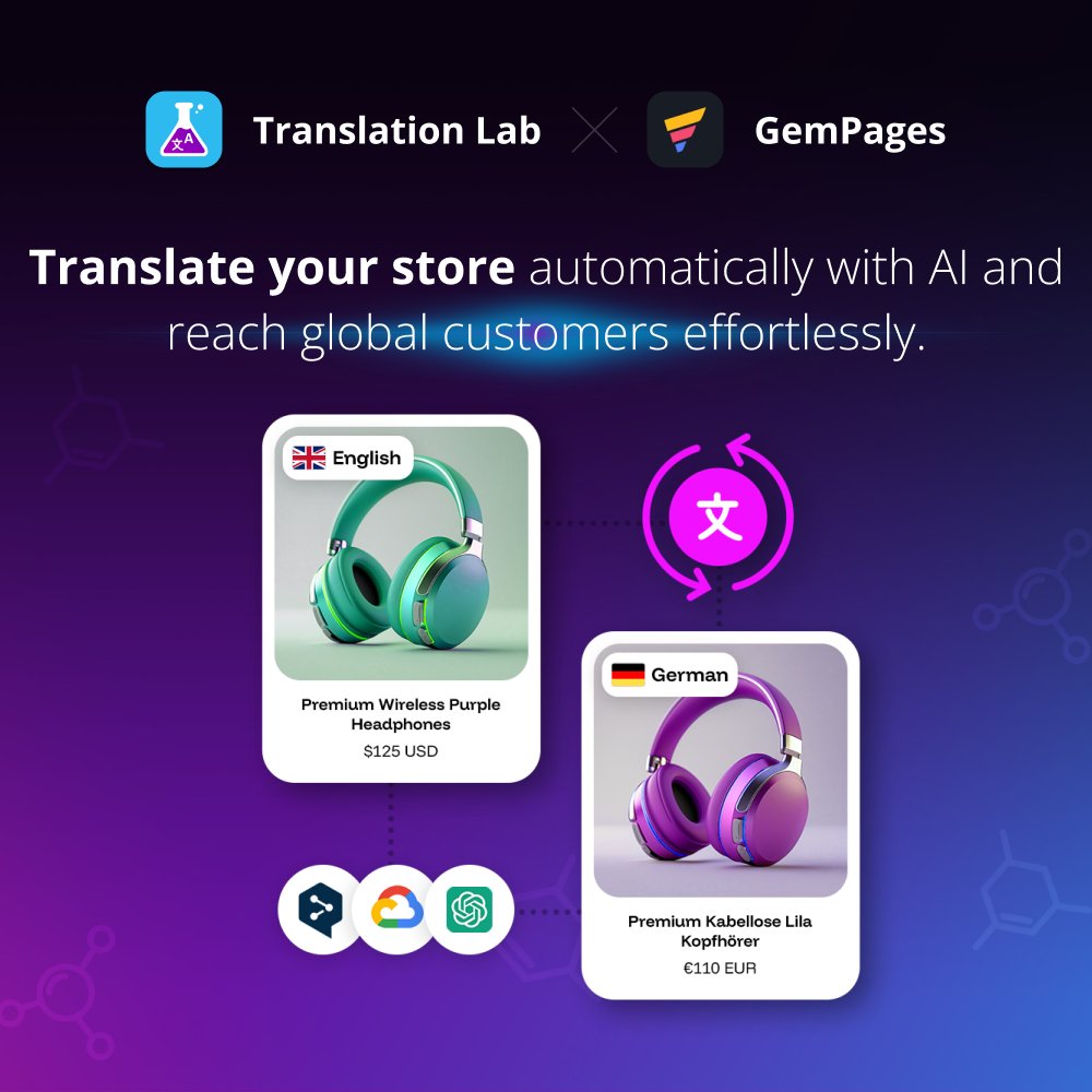 gempages's tweet image. 🎉 We’re thrilled to announce our partnership with Translation Lab (@SherpasDesign) - the ultimate Shopify app that makes global selling seamless through AI-powered translation and multi-currency support.

Here’s what T Lab can do for your store:
✅ Manual &amp;amp; bulk AI translations…