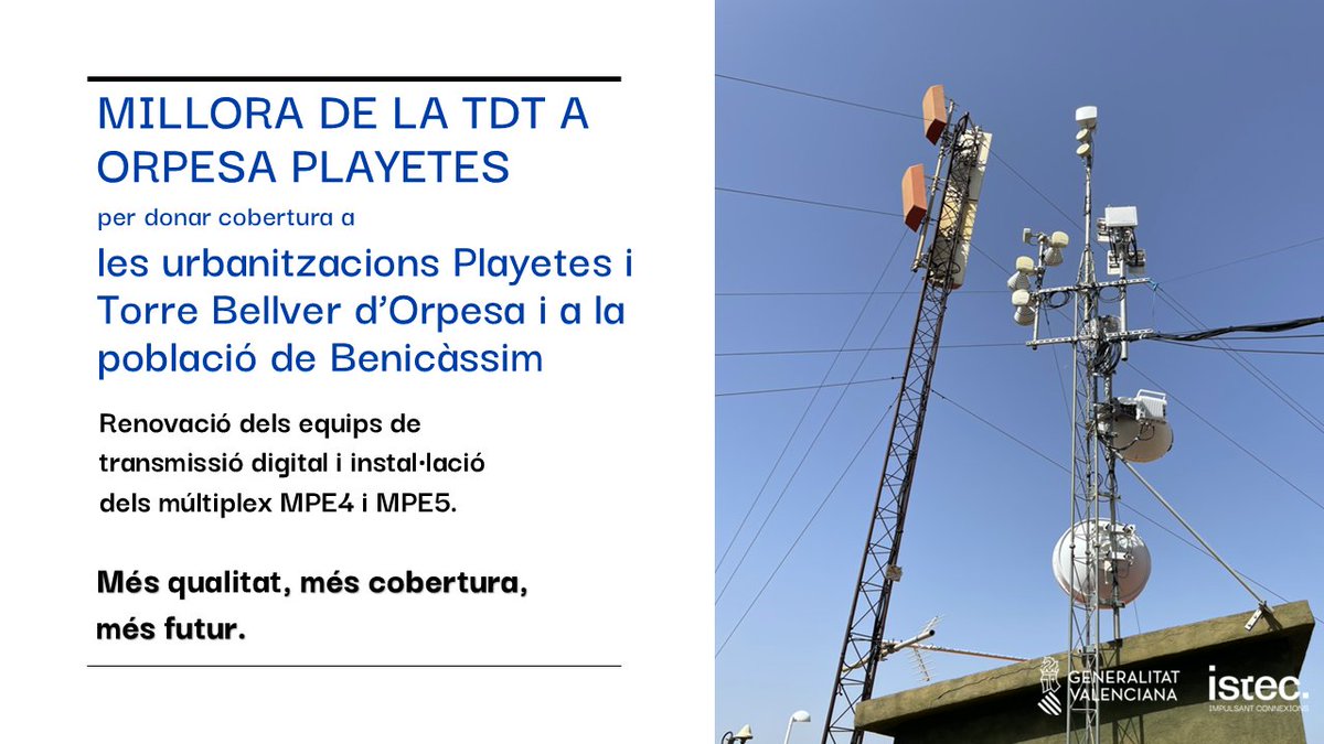 GVAIstec's tweet image. La @Generalitat, a través de @GvaIstec, ha renovat els equips TDT #múltiplex del centre d’ #Orpesa #LesPlayetes per a millorar l&apos;emissió de tots els canals a les urbanitzacions #LesPlayetes i #TorreBellver, i a la població de #Benicàssim.
@Oropesa_del_mar @AytoBenicassim📺📡