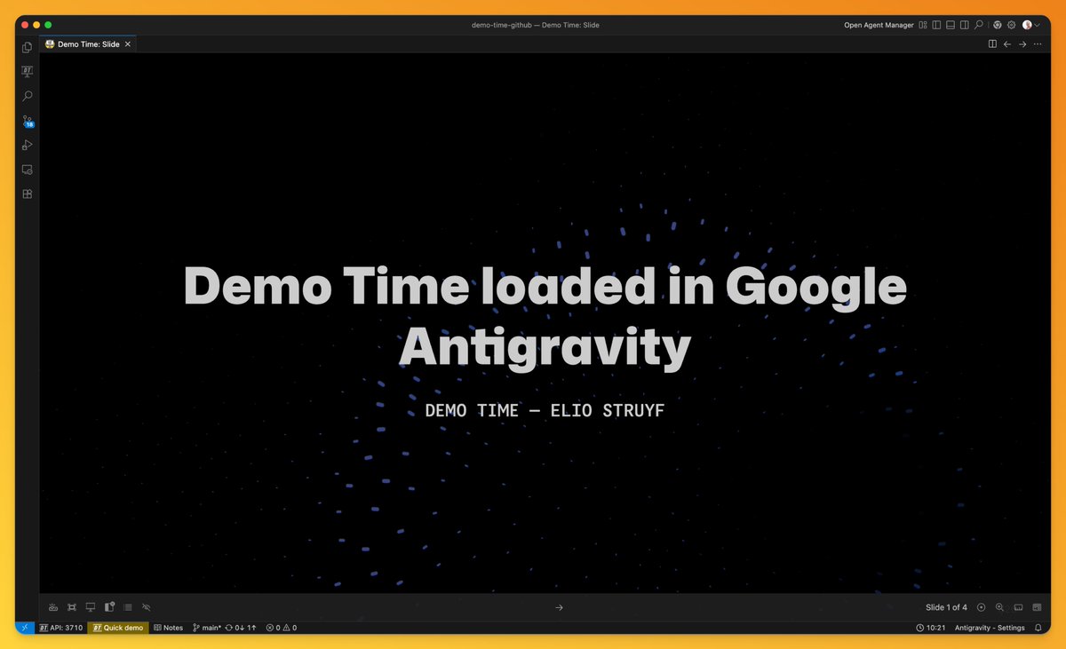 I had to give it a spin. Demo Time opened perfectly in Google Antigravity. If you are preparing a presentation, you can now work with the new Google Antigravity editor as well.

demotime.show 💛 antigravity.google

<a href="/googleeurope/">Google Europe</a> <a href="/googledevs/">Google for Developers</a>