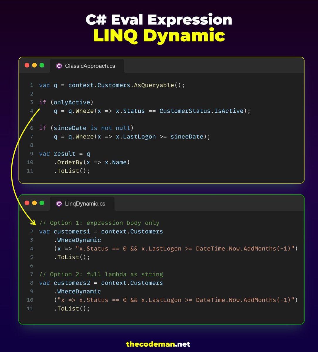 TheCodeMan__'s tweet image. Stop redeploying for every new filter. 

Start letting your filters ship themselves. ⬇️ 

What if your LINQ Where could take a runtime rule - and still run as a real SQL-translated query?

Hard-coding filters feels fine… until Product asks for “one more field.” 

Suddenly,…