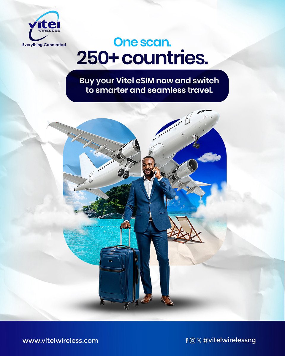 Vitelwirelessng's tweet image. Yes! Your Vitel Wireless eSIM works instantly in 250+ countries.

Yes! No roaming. No physical SIMs. Just one scan and global connectivity.

Find the nearest Vitel office &amp;amp; get connected before your next trip:
👉 vitelwireless.com/find-vitel-sto…

#eSIM #VitelWireless #GlobalTravel…