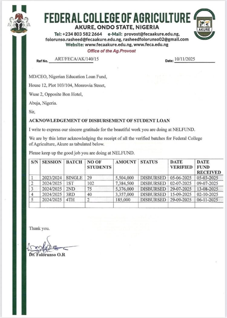 Federal College of Agriculture, Akure receives NELFUND loan disbursement