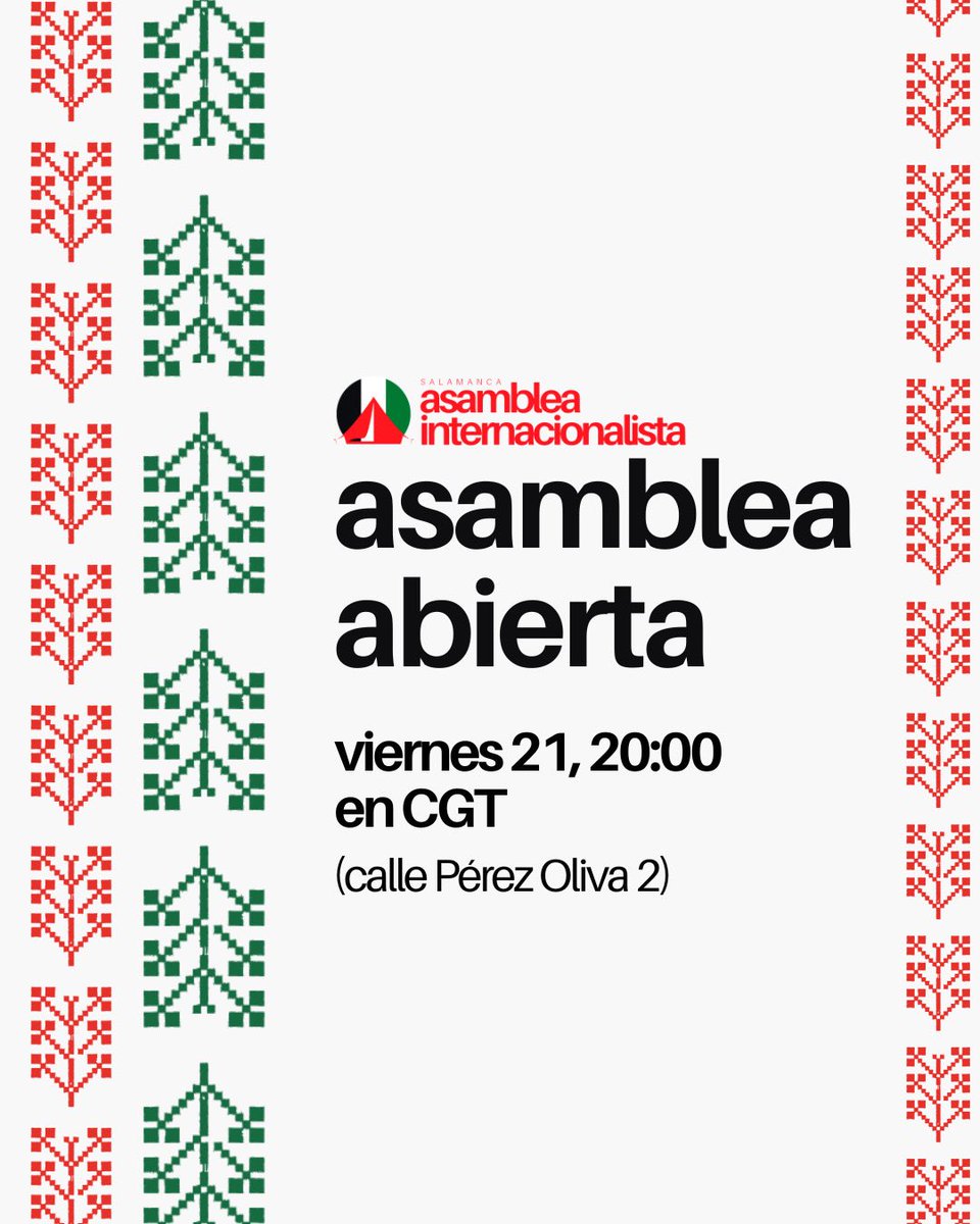 Este viernes tendrá lugar nuestra asamblea abierta. Pásate por allí para organizarte por el internacionalismo ✊

📅 Viernes, 21/11
🕐 20.00
🏠 CGT

¡Te esperamos!