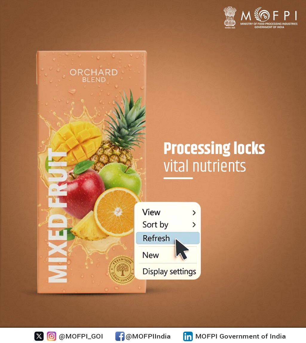 MOFPI_GOI's tweet image. Food Processing is essential for locking in the vital nutrients and natural flavor of fruits. This delivers safe, high-quality products like fruit juices to consumers while significantly extending shelf life. 

#FoodProcessing #Refresh