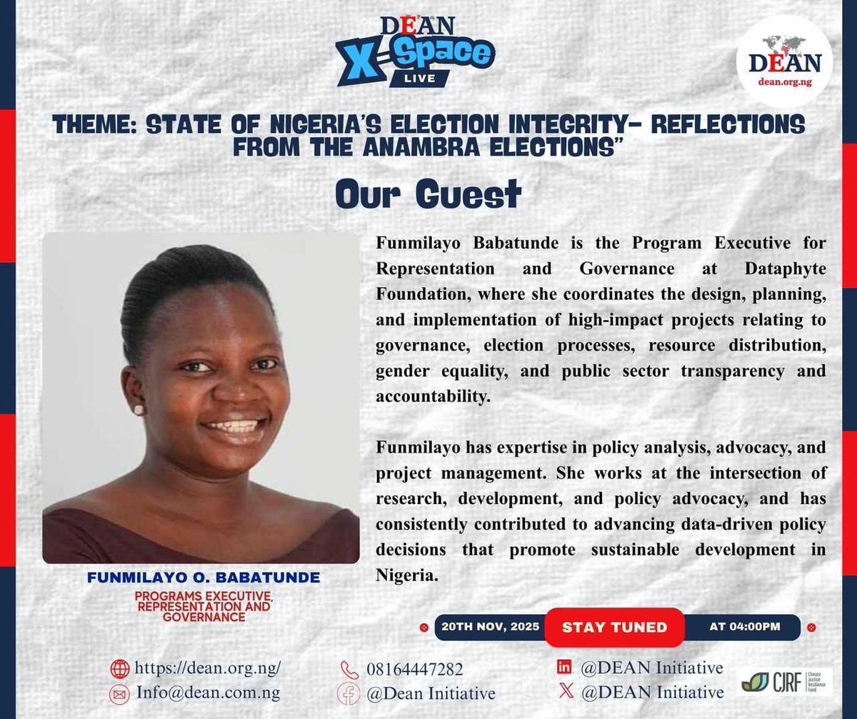 Dataphyte's tweet image. Dataphyte’s Programme Executive, Funmilayo Babatunde, will be joining the conversation on “The State of Nigeria’s Election Integrity – Reflections from the Anambra Elections,” alongside other notable speakers, organised by DEAN Initiatives. 

Join the conversation on X-Space,…
