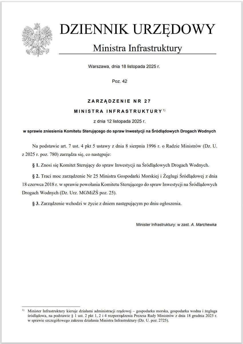 Wyobrażacie sobie? Hennig-Kloska próbowała zablokować żeglugę na Odrze, ustanawiając tam Park, Tusk skasował Terminal Kontenerowy w Świnoujściu, a teraz niejaki m. Marchewka zlikwidował Komitet Sterujący ds. Inwestycji na Śródlądowych Drogach Wodnych. Ta zorganizowana grupa musi