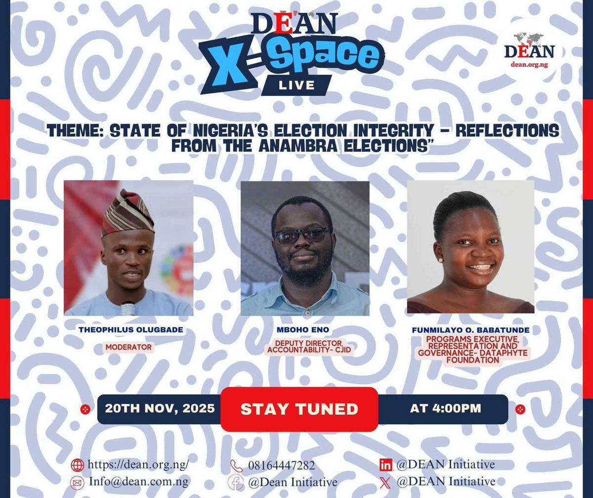 Dataphyte's tweet image. Dataphyte’s Programme Executive, Funmilayo Babatunde, will be joining the conversation on “The State of Nigeria’s Election Integrity – Reflections from the Anambra Elections,” alongside other notable speakers, organised by DEAN Initiatives. 

Join the conversation on X-Space,…