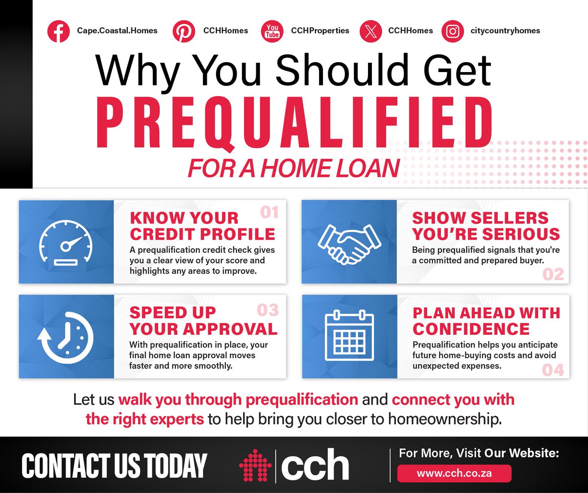 CCHHomes's tweet image. 🏡Ready to find your dream home? Start smart with #Prequalification! 

✅Know your credit ✅Show sellers you’re serious ✅Speed up approval ✅Plan with confidence. 

Take the first step today! 

📞021 851 1951 | 🌐 cch.co.za 

#CCH #Homeownership #RealEstate