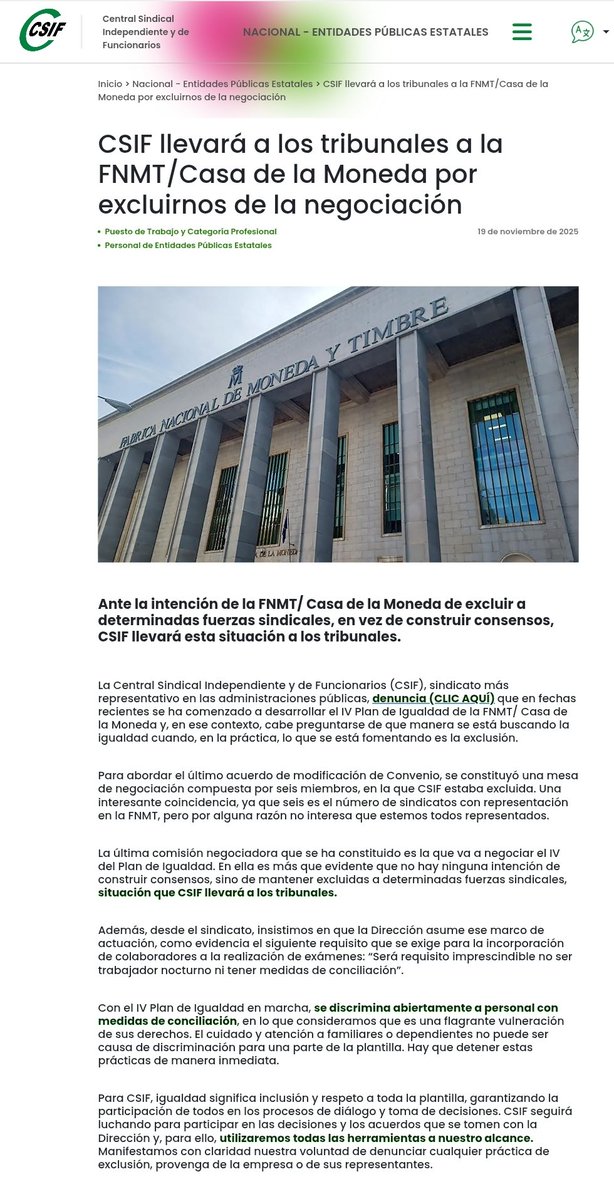 csif_epe's tweet image. Ante la intención de la FNMT/ Casa de la Moneda de excluir a determinadas fuerzas sindicales, en vez de construir consensos, #CSIF llevará esta situación a los tribunales.

csif.es/es/articulo/na…