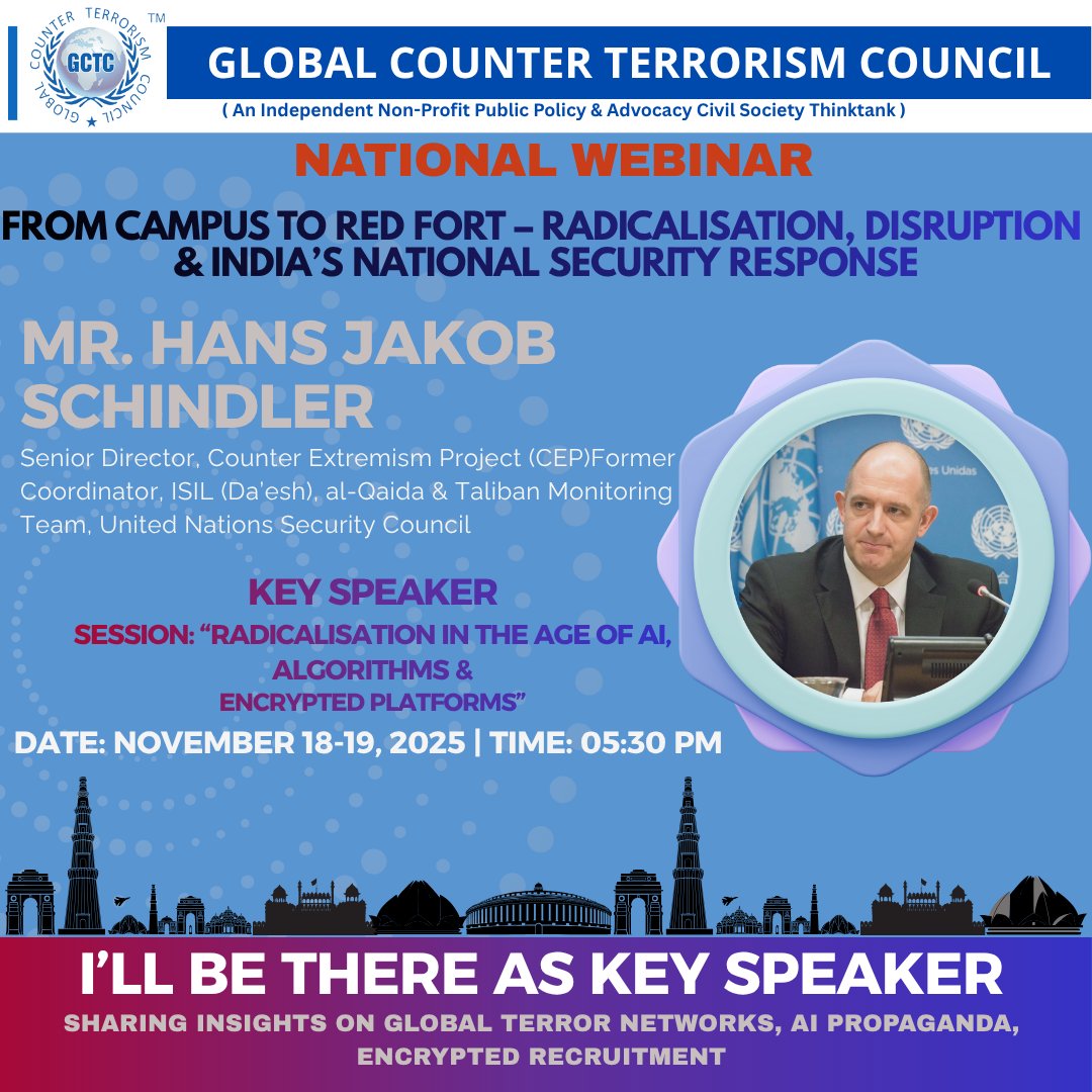 Honoured to host Dr. Hans-Jakob Schindler, Senior Director @ CEP, as Key Speaker for:
Session 4: AI-Driven Radicalisation &amp; Encrypted Extremism
  🕒 5:55–7:45 PM | Nov 19
🔗 Register: lnkd.in/g-Fy2y9Y
#GCTC #HansJakobSchindler #CounterExtremism #AIThreats #NationalSecurity