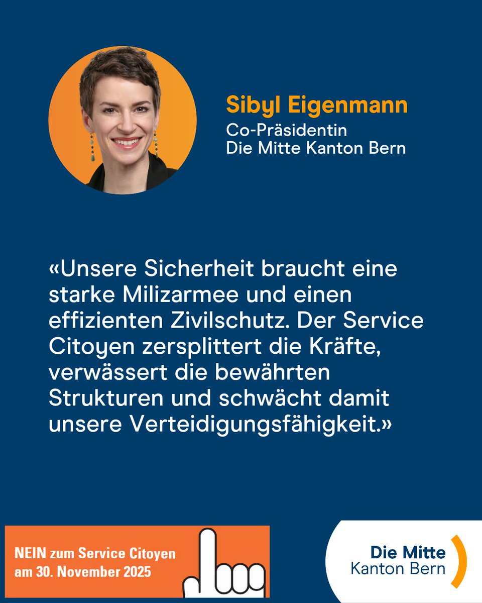 Unsere Co-Präsidentin Sibyl Eigenmann will eine starke Milizarmee und sagt deshalb klar Nein zur Service-Citoyen-Initiative am 30. November.

#DieMitteBE #Abst25 #ServiceCitoyen #Bürgerdienst #Sicherheit