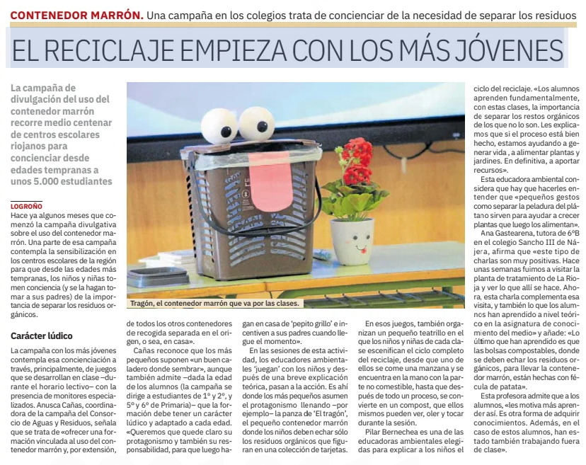 ♻️Aprender a reciclar, un hábito importante que deben adquirir también los más pequeños de la casa.   

🗞️La campaña #LaOrgánicaalMarrón del Consorcio de Aguas y Residuos de La Rioja, dirigida a los escolares riojanos, hoy en Diario La Rioja.