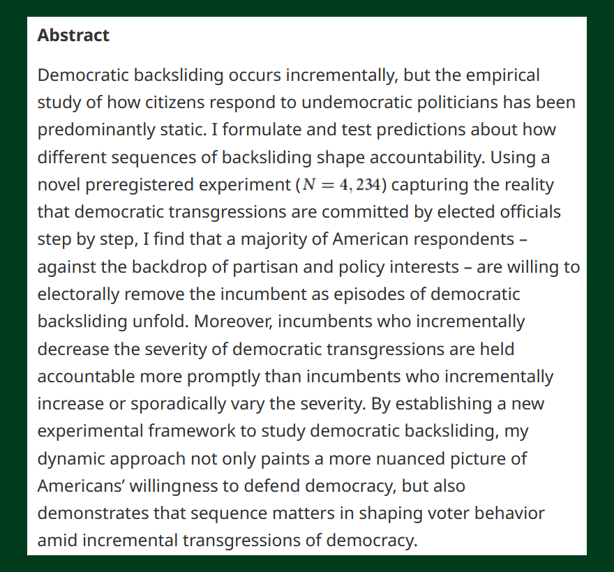 NEW -

Dynamic Democratic Backsliding - cup.org/4i8Bp8J

"I formulate and test predictions about how different sequences of backsliding shape accountability."

- <a href="/EddySFYeung/">Eddy Yeung</a>  

#OpenAccess