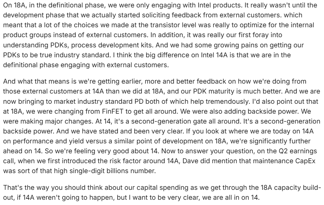 $INTC admits they didn't really know what they were doing to have 18A as a foundry node. Sounds like 14A is on after the caution earlier in the year: