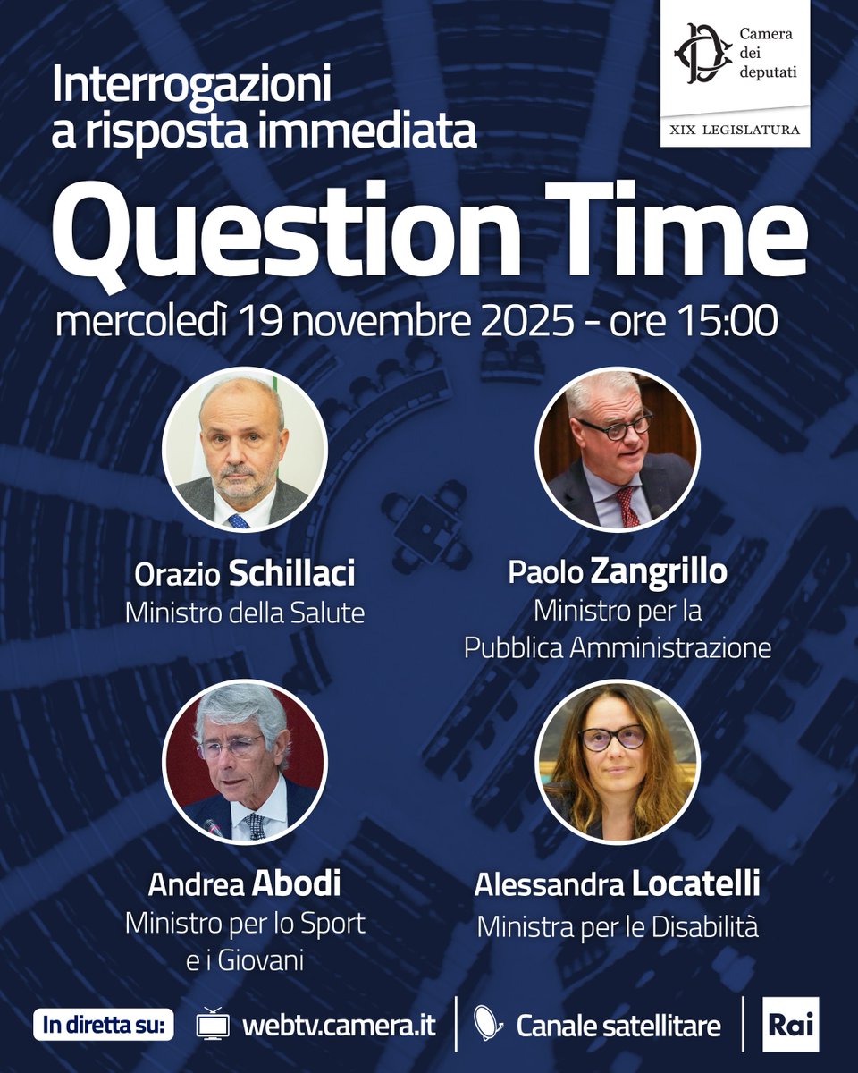 Montecitorio's tweet image. Oggi alle 15 #QuestionTime con i Ministri Orazio Schillaci - @MinisteroSalute, @Paolo_Zangrillo - @FunzPub, @andreaabodi - @SportGoverno e @Ale_Locatelli_ - Dipartimento per le politiche in favore delle persone con disabilità.

Temi: bit.ly/TemiQuestionTi…