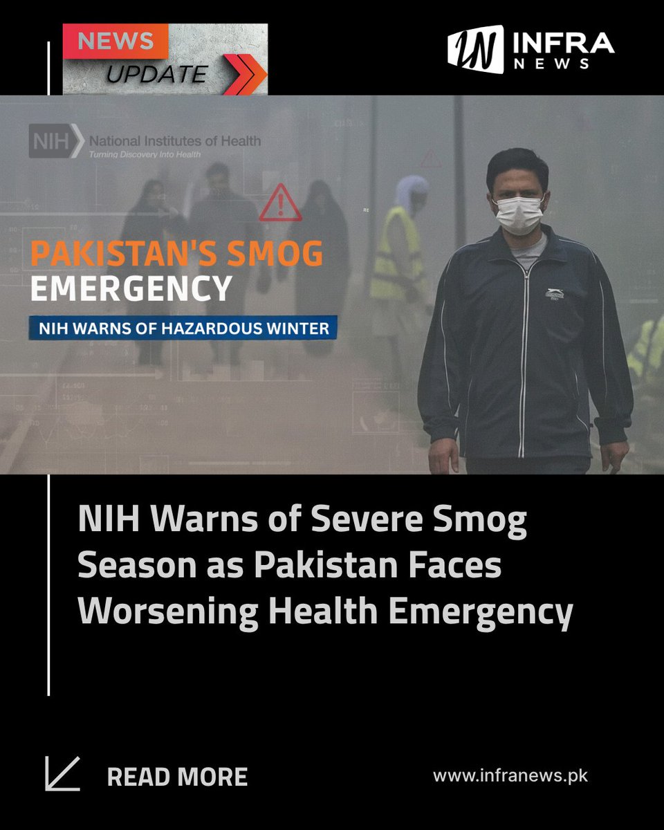 infranewspk's tweet image. ISLAMABAD: Pakistan is bracing for one of its most hazardous smog seasons in years as the National Institute of Health NIH issued a nationwide alert on Tuesday warning of escalating respiratory and...

Read Full Story Here: infranews.pk/nih-warns-of-s…

#infranews #NIH