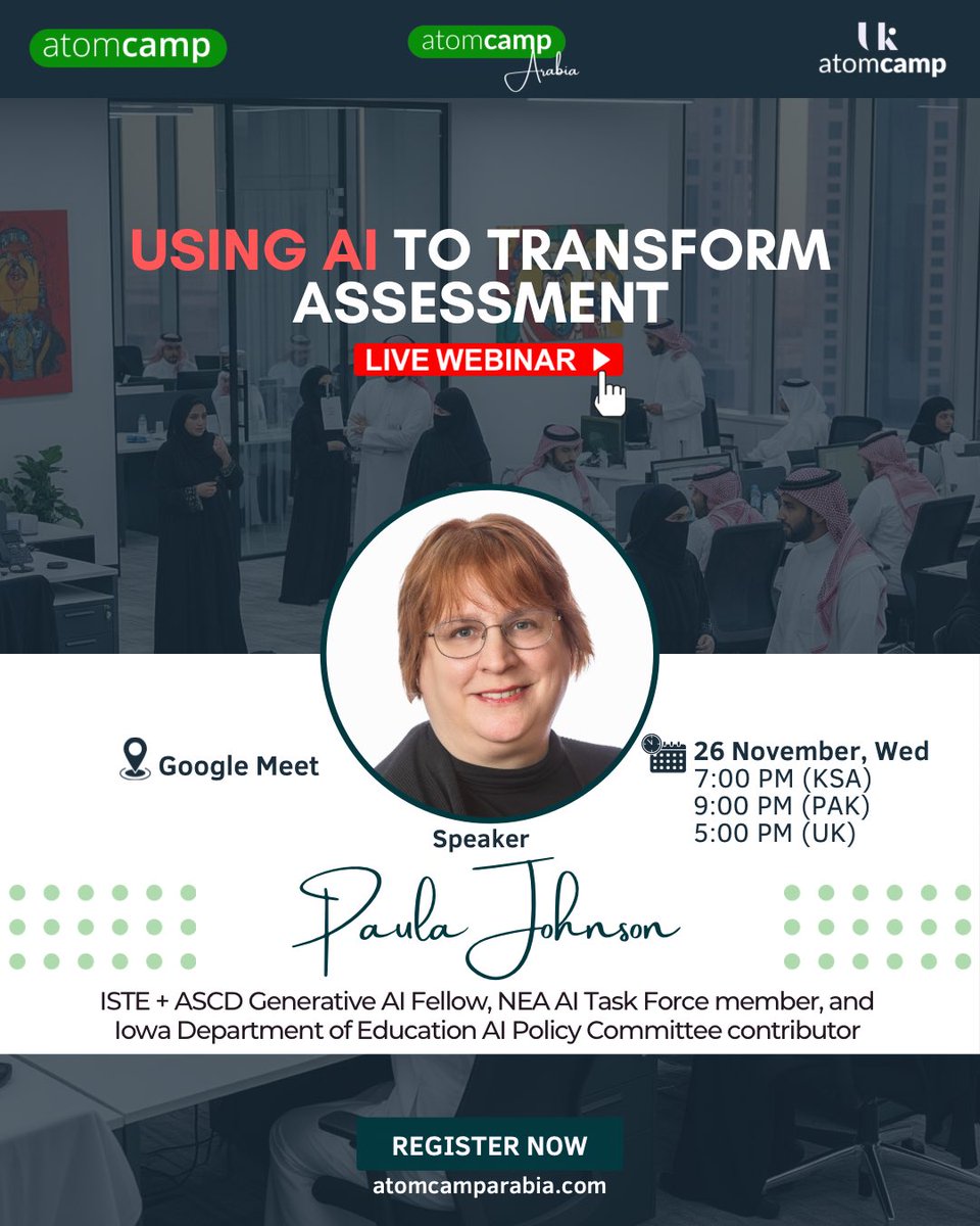 atomcamp's tweet image. AI is rapidly reshaping how we understand learning and assessments are at the heart of that change. Join us for an in-depth webinar with Paula Johnson, a leading national voice in AI and education with 30+ years of experience. From her work with ISTE, NEA, and the Iowa Department…