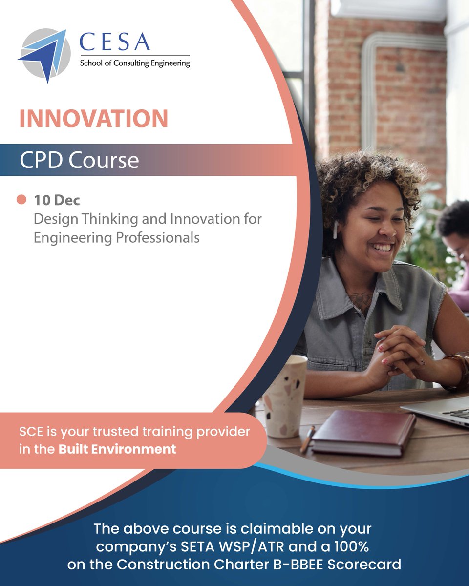 CESA_SCE's tweet image. Struggling to keep up with the change in Industry 4.0? Unlock human‑centric solutions with Design Thinking &amp;amp; Innovation for Engineers. Drive real impact. 
Enrol now 👉 cesa.co.za/sce/school-of-…

#DesignThinking 
#Innovation 
#EngineeringExcellence 
#CPD