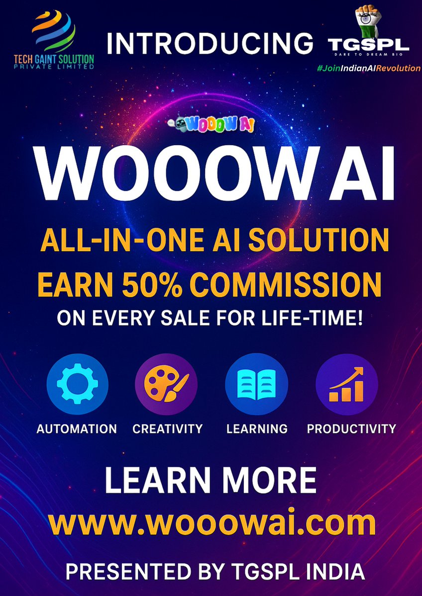kaushal_parvesh's tweet image. ✅ EARN 50% Lifetime Commission on every sale with WOOOW AI All-In-One-Solution.
✅ Grow, Earn, and Succeed with the future of AI.
✅ Register FREE Now : 🇮🇳 wooowai.com/register?aff=Z…
✅ Grow Smarter Together! 🇮🇳
#TGSPLIndia #WOOOWAI #IndianInnovation #AatmanirbharBharat