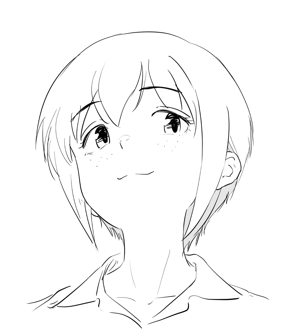 アオリの田中真子さん(角度控えめ)
この女菊は輪郭をモチモチさせないと描けぬ……
鼻上げて、耳下げて、顎から首のラインをヌルっと繋げるイメージで描いてから影付けておけば漫符的に察してもらえる……もらえない?
(影の形は輪郭そのまま派とケツアゴ派に分かれる) 