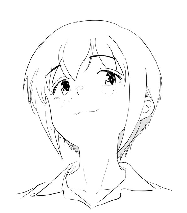 アオリの田中真子さん(角度控えめ)
この女菊は輪郭をモチモチさせないと描けぬ……
鼻上げて、耳下げて、顎から首のラインをヌルっと繋げるイメージで描いてから影付けておけば漫符的に察してもらえる……もらえない?
(影の形は輪郭そのまま派とケツアゴ派に分かれる) 