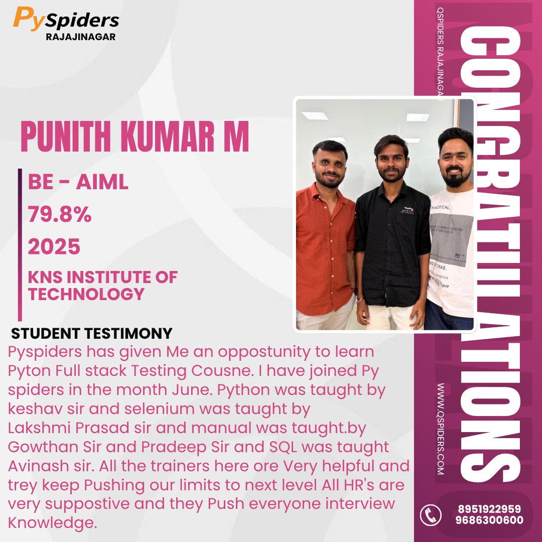 QRajajinagar's tweet image. success! Congratulations to Punith Kumar M for levelling up his skills with PySpiders Rajajinagar!
Your hard work and dedication truly shine #PySpiders #PySpidersRajajinagar #SuccessStory #StudentJourney #PythonDeveloper
#LearningJourney