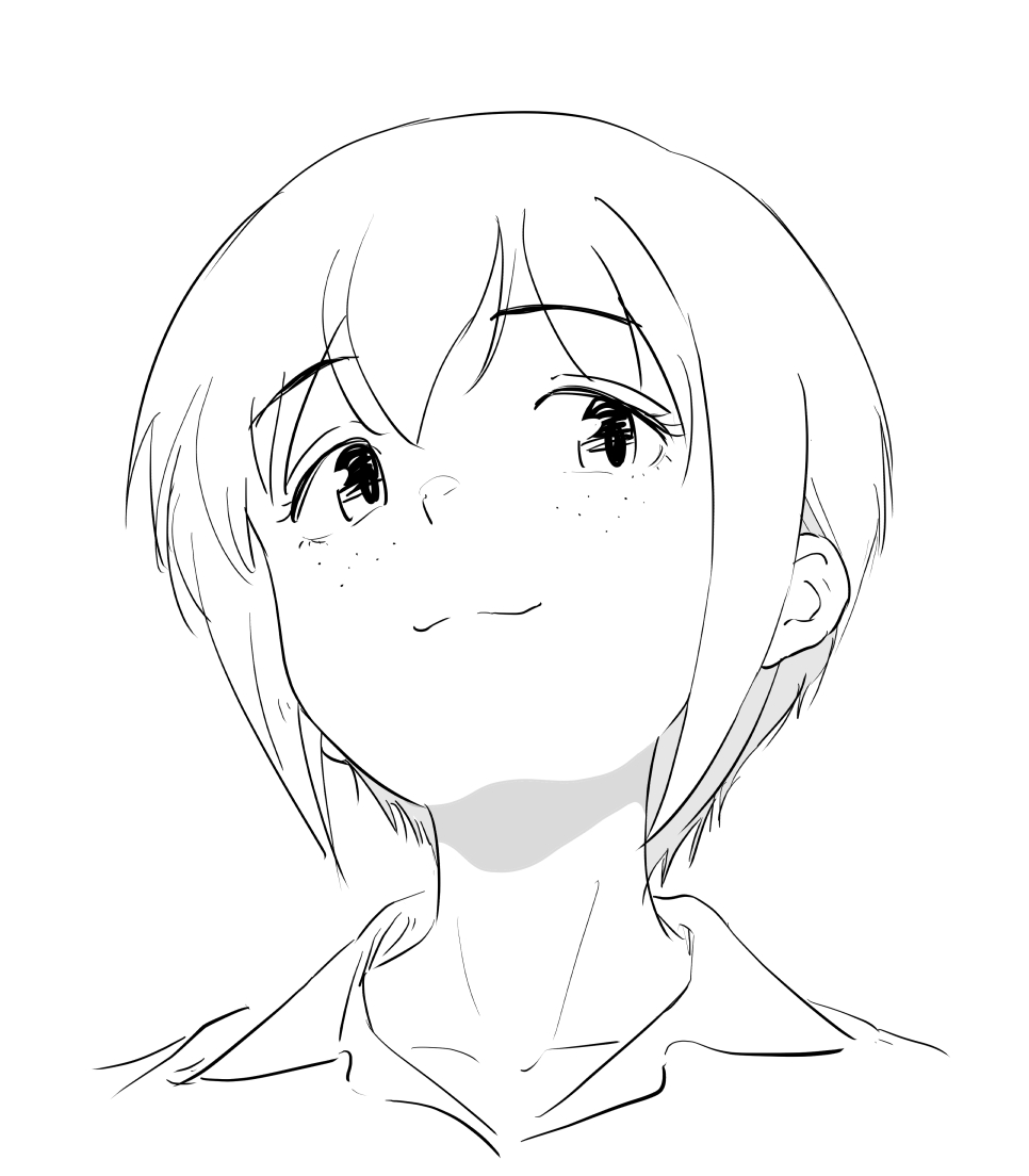 アオリの田中真子さん(角度控えめ)
この女菊は輪郭をモチモチさせないと描けぬ……
鼻上げて、耳下げて、顎から首のラインをヌルっと繋げるイメージで描いてから影付けておけば漫符的に察してもらえる……もらえない?
(影の形は輪郭そのまま派とケツアゴ派に分かれる) 