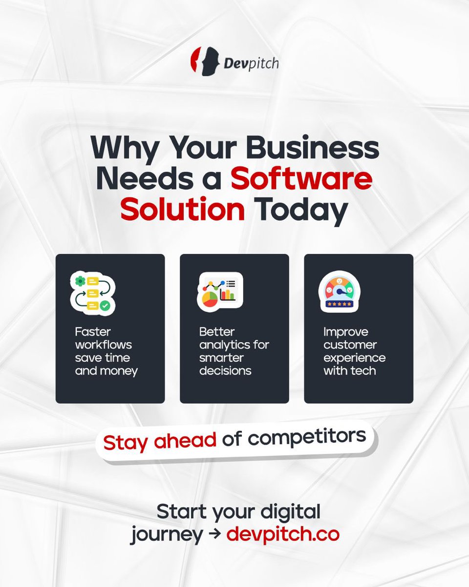 DevpitchCo's tweet image. Why does your business need a software solution today?
Because the world is moving faster and your systems should too.

Technology isn’t just an upgrade; it’s your competitive advantage.

Start your digital journey with Devpitch.

#Devpitch #Tech #SoftwareDevelopment #Website