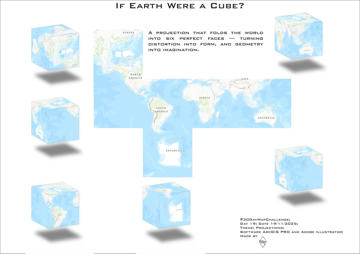 RoccoAlessio18's tweet image. Day 19 - Projections
For GIS Day I mapped the world using a cubic projection, an unusual way to reveal how dramatically our planet’s shapes and areas change depending on the projection we choose.
#30DayMapChallenge #Day19 #Projections #Cartography #ArcGISPRO #MapProjections