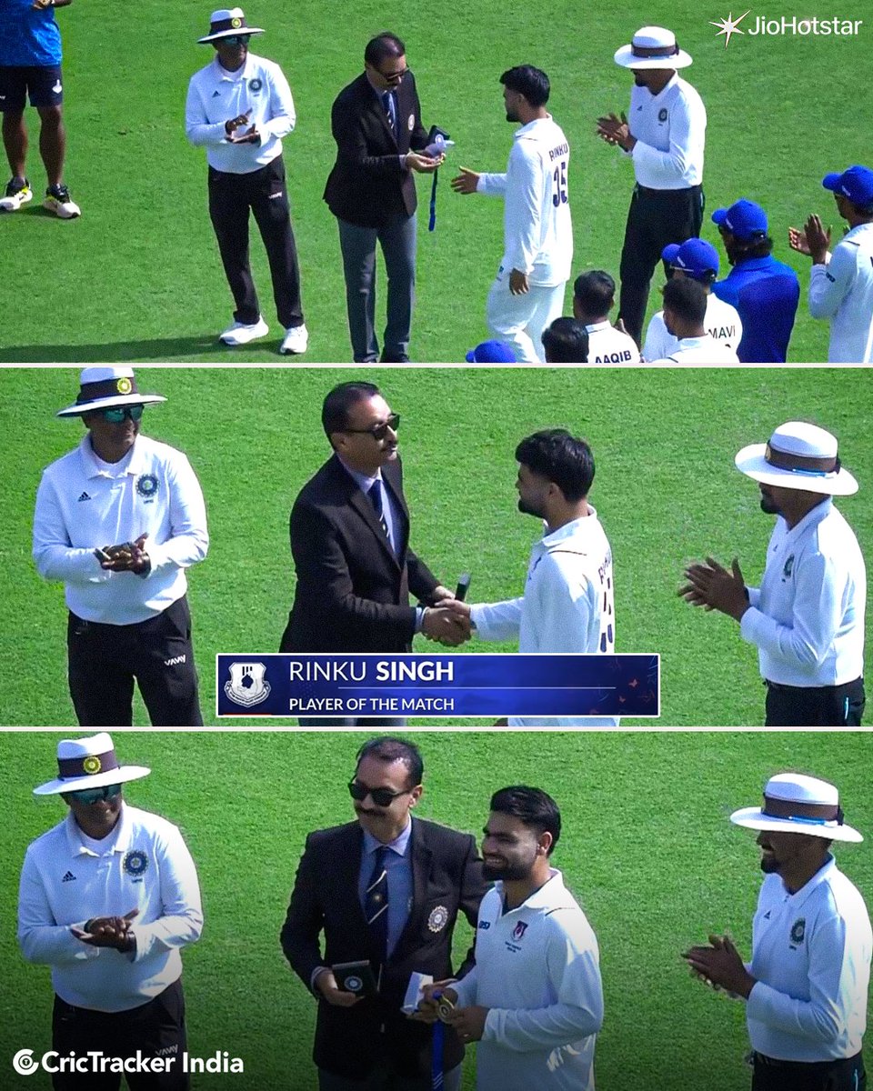 Cricketracker's tweet image. 💯 Rinku Singh Reigns Supreme!

Rinku Singh bags the POTM award after his sensational 176-run knock vs Tamil Nadu.

📸: JioHotstar

#RanjiTrophy I #RinkuSingh