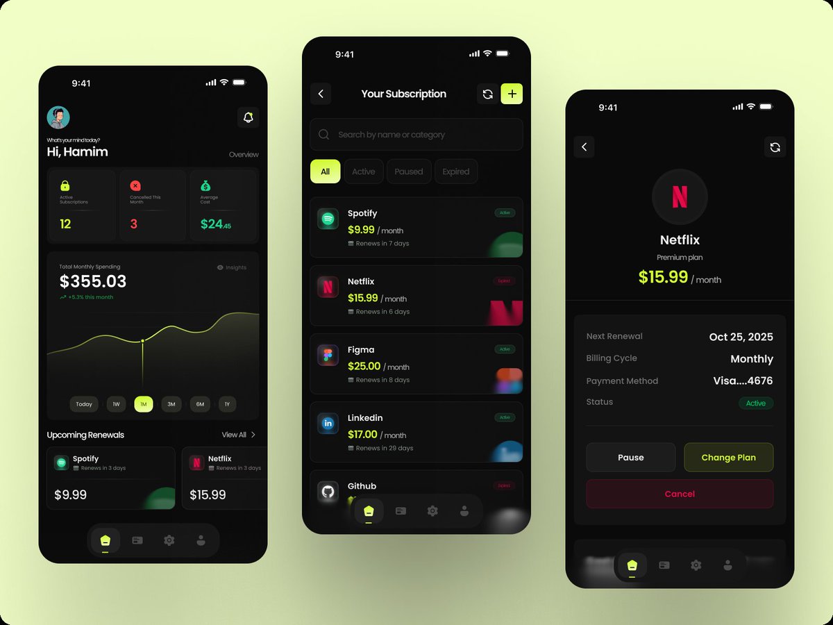 HamimHasan0777's tweet image. Joined the @moonchildUX AI Mobile Design Challenge! 🚀
I designed a clean mobile app concept SubGuard, a smart subscription tracker.

Sharpening my design skills one challenge at a time 💜
#MoonchildUXChallenge #UIDesign #UXDesign