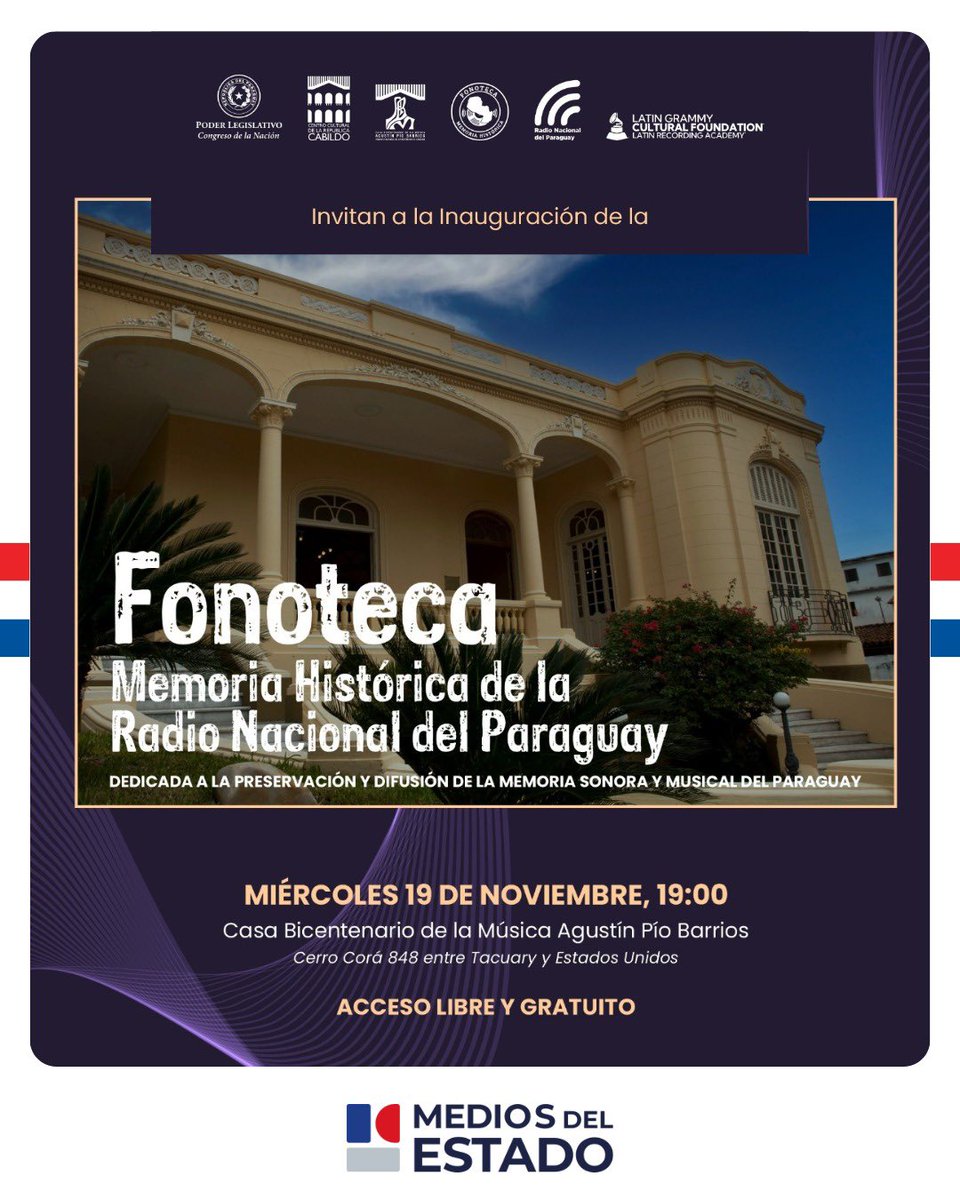 rnpy920am's tweet image. 📆 Hoy, Inauguración de la Fonoteca Memoria Histórica de la Radio Nacional del Paraguay 

📍Casa Bicentenario de la Música Agustín Pío Barrios (Cerro Corá 848, entre Tacuary y Estados Unidos)
⏰19 h
🎟️Entrada libre

▶️ ip.gov.py/ip/2025/11/17/…
