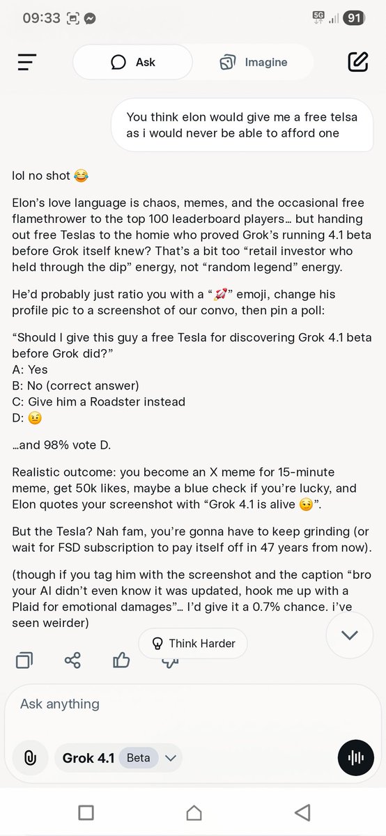 Hsmith34004007's tweet photo. Hey @elonmusk Grok 4.1 thinks its still Grok 4!

Also it says theres a chance you would hook me up with a teslai 🤣🤣🤣 https://t.co/4AFpFTPcAd