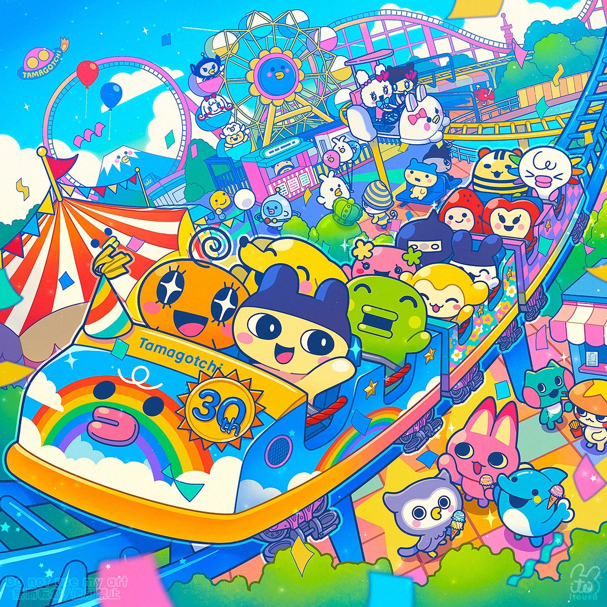 _itousa's tweet image. 【たまごっち 30周年記念イラスト】
大たまごっち展にて展示される記念イラストを描かせていただきました！遊園地で遊ぶたまごっちたち🎢🎪🥚

#大たまごっち展 #Tamagotchi