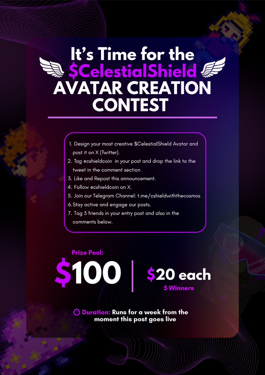 cshieldcoin's tweet image. It&apos;s time for the CShield Avatar Contest!

Show us your creative vision of what CShield stands for!

📅Contest Duration: 7 Days (1 Week) 
💰Prize Pool: $100

🎖️5 Winners – $20 each

✅How to Enter:

1⃣Create an original avatar that represents the spirit, vision, and mission of…