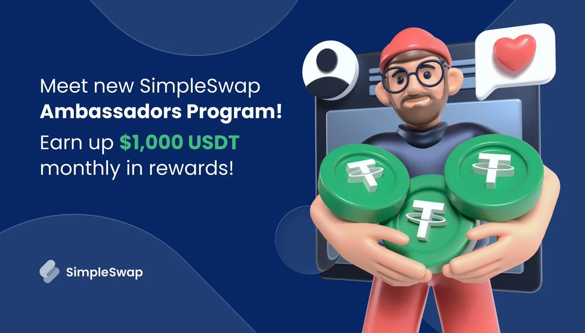 Become a <a href="/SimpleSwap_io/">SimpleSwap</a> Ambassador and earn up to $1,000 USDT monthly in rewards!

I’ve just joined the SimpleSwap Ambassador Program, and honestly, it’s one of the most exciting ambassador initiatives I’ve seen in Web3

SimpleSwap isn’t just building another promo team, it’s