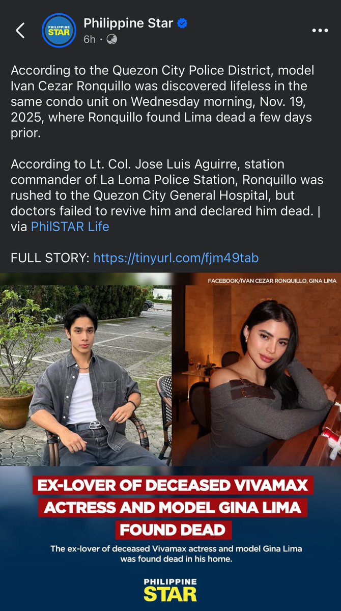 mykiru's tweet photo. Days after Gina Lima’s death, ex-boyfriend Ivan Cezar Ronquillo was found dead in his condo unit.

Kagabi, nag-post pa si Ivan sa Facebook ng mga huling moments nila ni Gina.

Nag-sorry naman ang kaibigan ni Gina na si Valentine Rosales for wrongfully accusing Ivan. https://t.co/ECvrqAS1N4