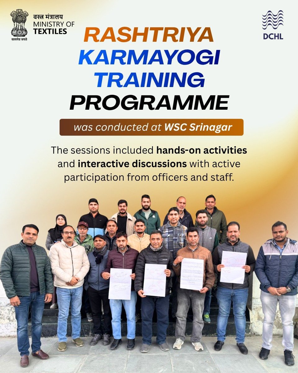 dchandlooms01's tweet image. Empowering skills, enriching lives! Participants from the Rashtriya Karmayogi Training Programme at WSC Srinagar showcase their learning with pride.

#RashtriyaKarmayogi #SkillDevelopment #Textiles #MinistryofTextiles #DChandlooms #vocalforlocal #skills #Myproductmypride