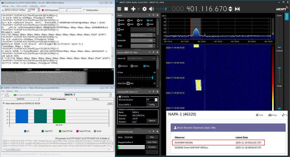 SV2HWM's tweet image. 2025-11-19 09:18 UTC - Reception of raw telemetry from the 🇹🇭 6U CubeSat 🛰️ NAPA-1 (aka RTAF-SAT 1) on 401.125 MHz, in BPSK 1200 bd. Decoded frames were uploaded to the @SatNOGS db. Rx in 🇬🇷 with @airspy_com R2 and Yagi antenna.