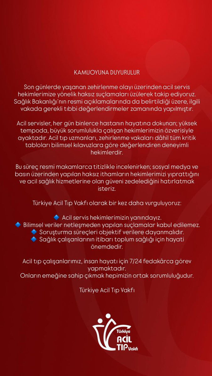 Son günlerde yaşanan zehirlenme olayı üzerinden acil servis hekimlerimize yöneltilen haksız suçlamaları üzülerek takip ediyoruz.

Acil servis hekimlerimizin yanındayız.