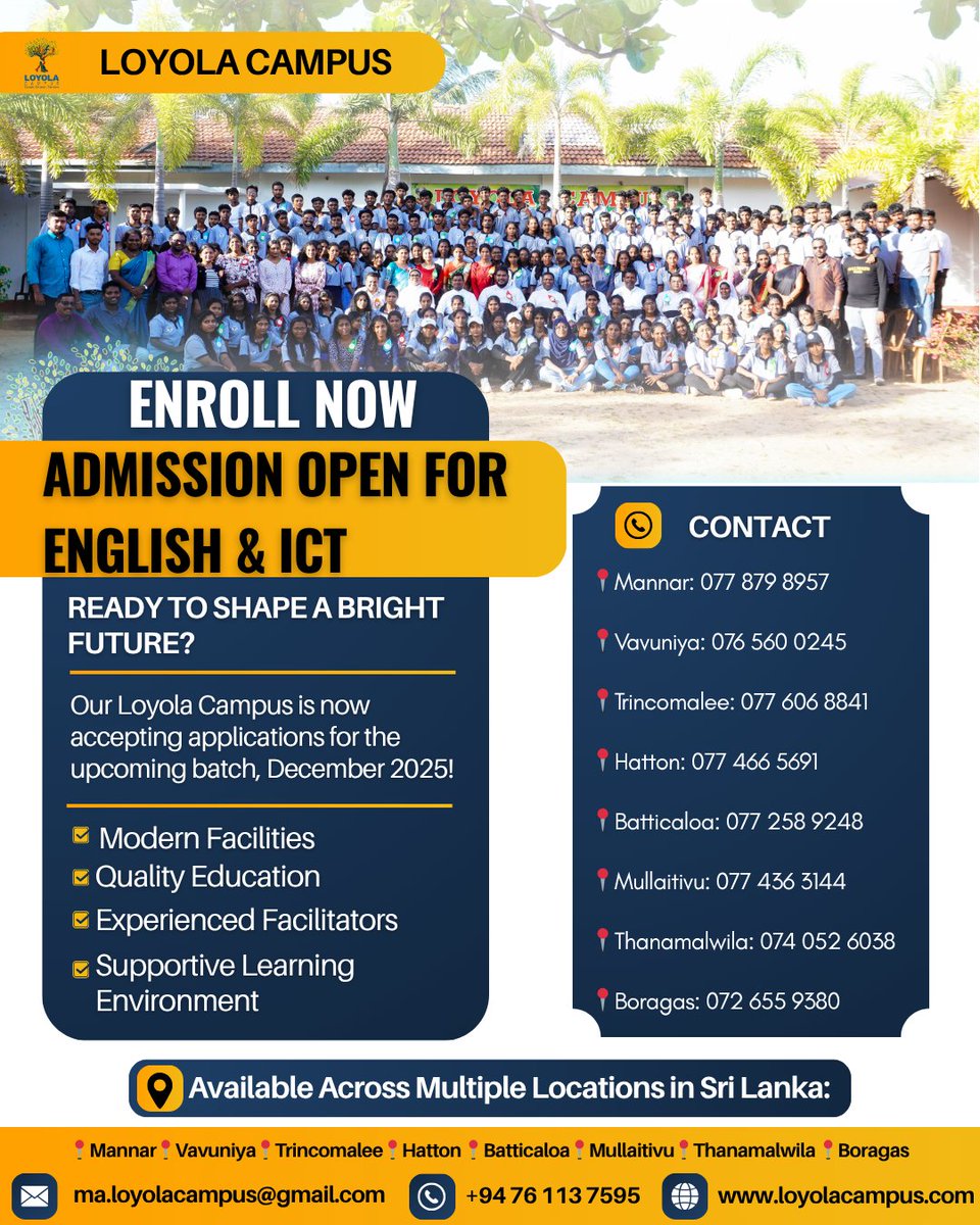 Loyola_CampusSL's tweet image. Unlock Your Future with Loyola Campus!

Admissions open now at all Loyola Campus Centers! Register now and take the first step towards excellence.

loyolacampus.com
.
.
.
#loyolacampus #globalenglish #computerapplication #educationforall #englishunlock #globalenglish