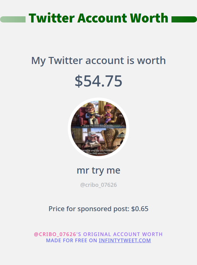cribo_07626's tweet photo. My Twitter worth is: $54.75

➡️ https://t.co/8nQHQh9BFf https://t.co/xCUD4NEy06