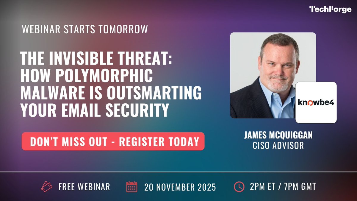 TechForge_Media's tweet image. ⏳ Don&apos;t forget to join tomorrow&apos;s free webinar at 2pm ET to learn how to strengthen your security framework against sophisticated malware attacks. Not able to join on the day? Register your place to receive the on-demand recording: event.eu.on24.com/wcc/r/80001656…
