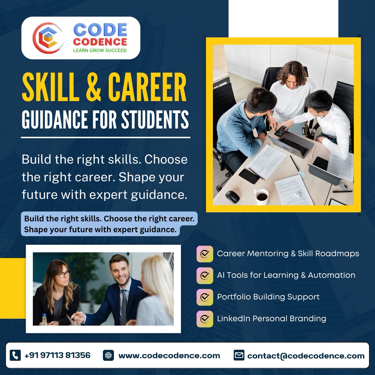 CodeCodence's tweet image. 🎓✨ Build skills that matter. Choose a career that pays.

Code Codence empowers India &amp;amp; USA students with expert mentoring and AI-driven career support.

🔥 Your dream career starts here. 
🌐 codecodence.com

#SkillUpgrade #CareerGuidance #SkillDevelopment #CodeCodence