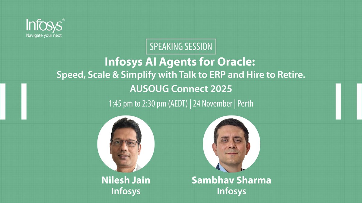 InfosysEvents's tweet image. Infosys is leading the way to innovation with Oracle AI Agent Studio. Join us at #AUSOUGConnect2025, for our session on AI Agents that speed, scale &amp;amp; simplify ERP and HCM workflows. infy.com/4pikK52

#InfyAtAUSOUGConnect #OracleCloud #InfosysOracleServices