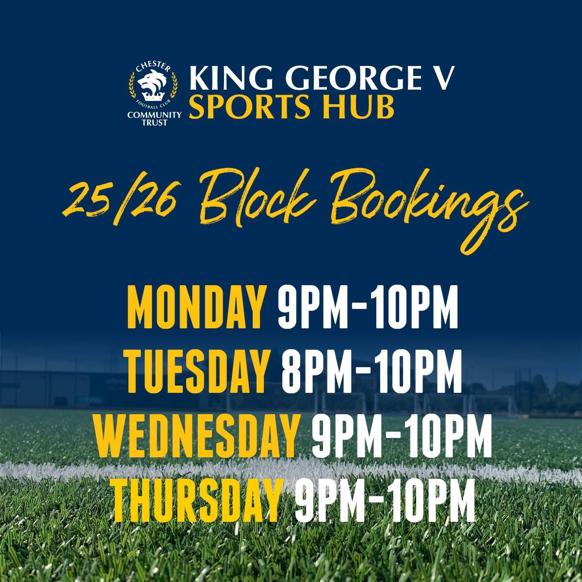KGVSportsHub's tweet image. 𝟯𝗚 𝗣𝗶𝘁𝗰𝗵 𝗔𝘃𝗮𝗶𝗹𝗮𝗯𝗶𝗹𝗶𝘁𝘆 ⚽

Looking for a pitch for winter training or a weekly kickabout? We have slots available for block bookings and casual play.

For more details, email community@chesterfc.com or click below to book online. 

🔗 portal.sportskey.com/venues/chester…